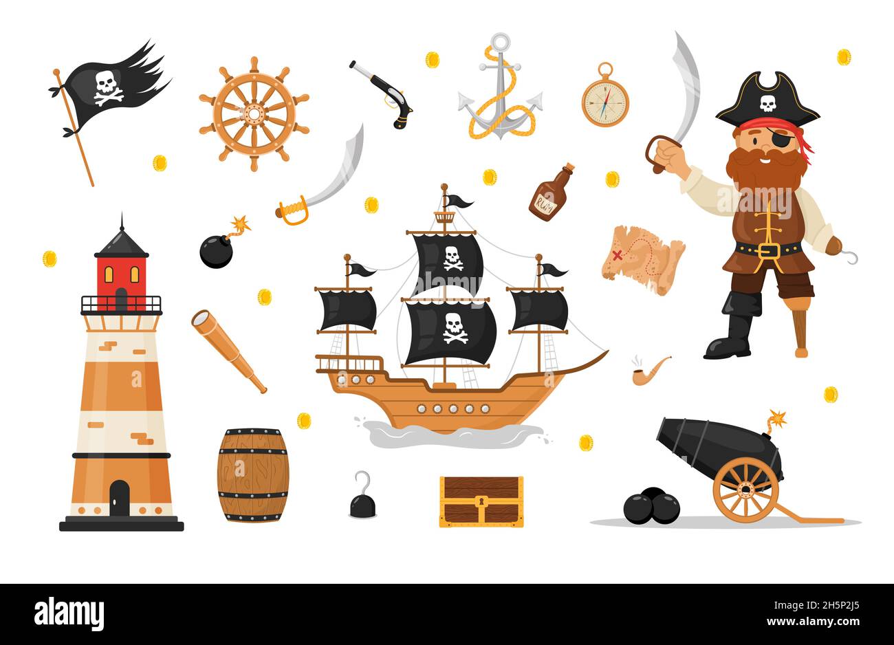 Lot d'articles pirates.Homme en costume de pirate, phare, drapeau, sabre, navire,coffre au trésor.Collection de pirates isolée sur fond blanc Illustration de Vecteur