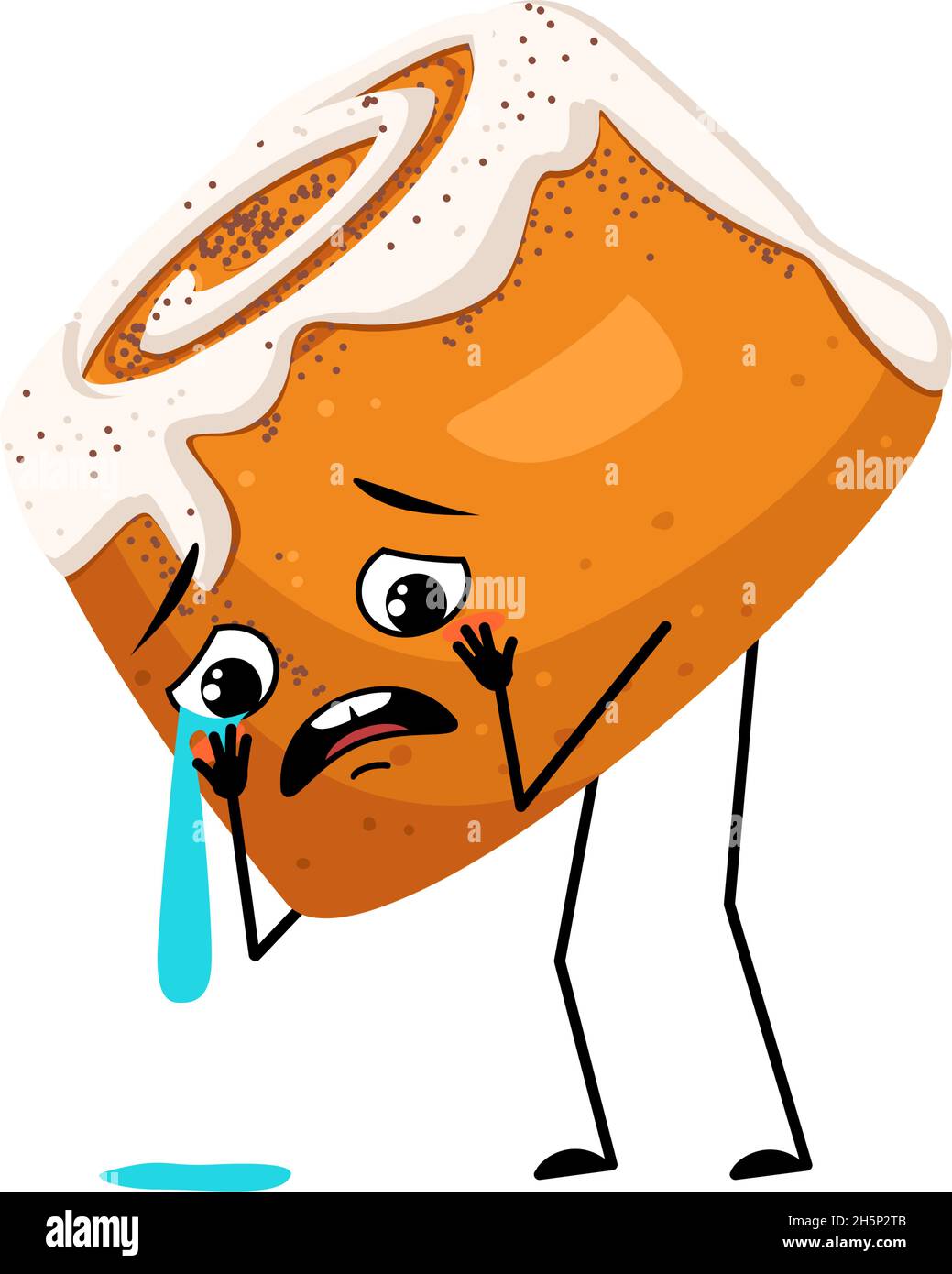 Mignon petit pain à la cannelle avec pleurs et larmes émotion, triste visage, yeux dépressifs, bras et jambes.Personne au four, petit pain avec expression mélancolique.Illustration vectorielle plate Illustration de Vecteur