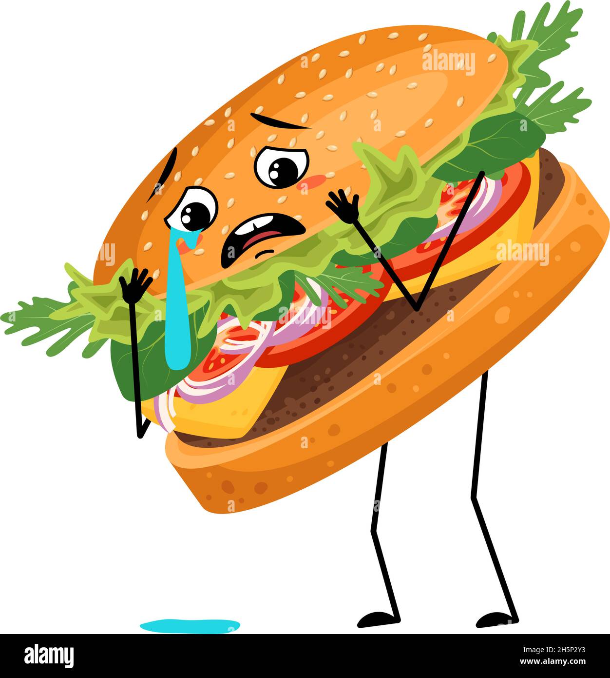 Hamburger de caractère mignon avec pleurs et larmes émotion, visage triste, yeux dépressifs, bras et jambes.Personne de restauration rapide, sandwich avec expression mélancolique.Illustration vectorielle plate des produits et des repas à base de viande Illustration de Vecteur
