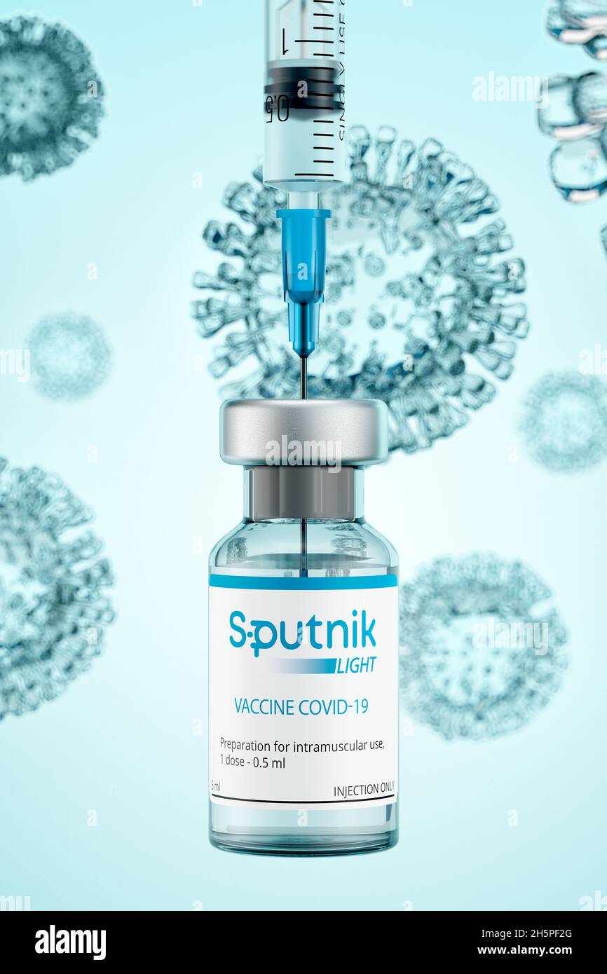 Spoutnik Light est un vaccin monocomposant contre le coronavirus COVID-19.La seringue prend une dose sur le fond du virus du COV-SRAS-2 Banque D'Images