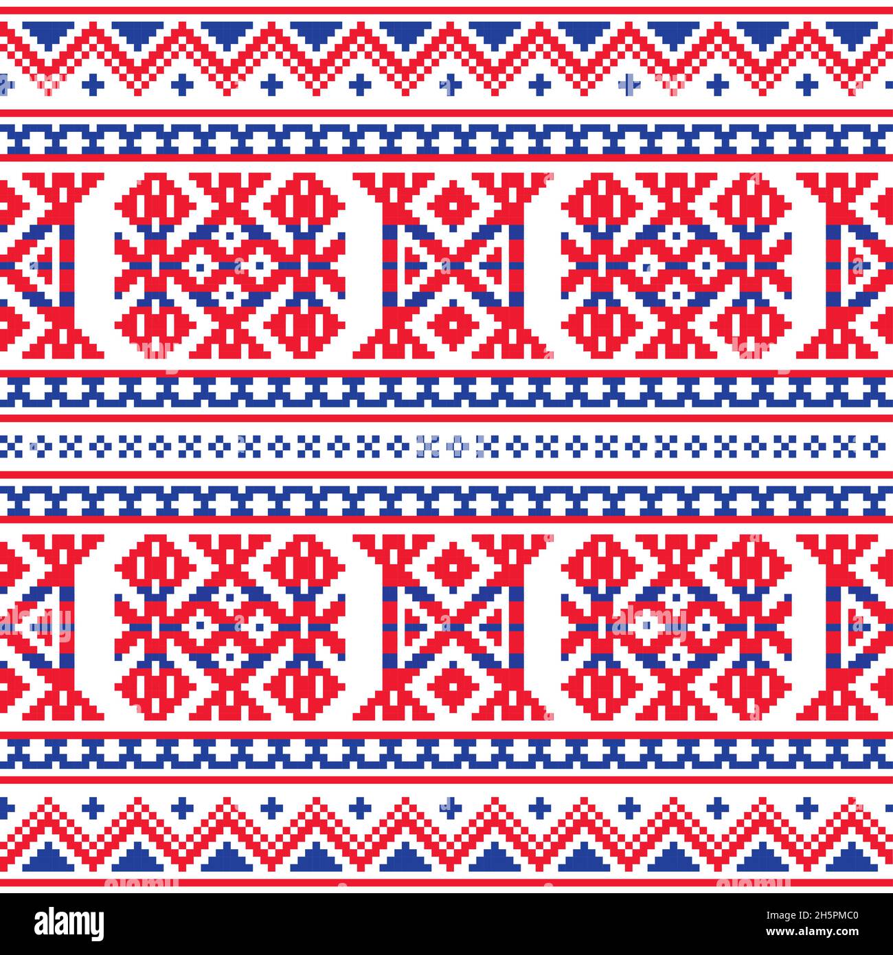 Sami folk art vectoriel sans couture, design rétro conçu comme un ornement traditionnel en point de croix de Laponie en rouge et bleu Illustration de Vecteur