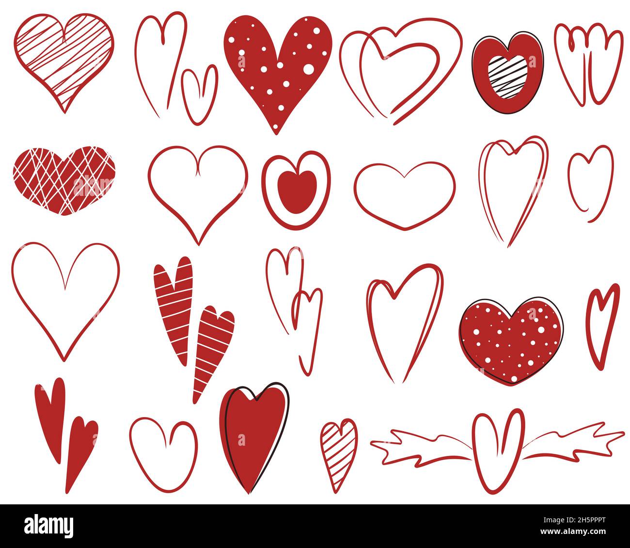 Jeu de coeurs doodle, illustration vectorielle.Collection de coeurs, un symbole d'amour et de romance.Reconnaissance pour la fête de Saint Valentin, main de tirage Illustration de Vecteur