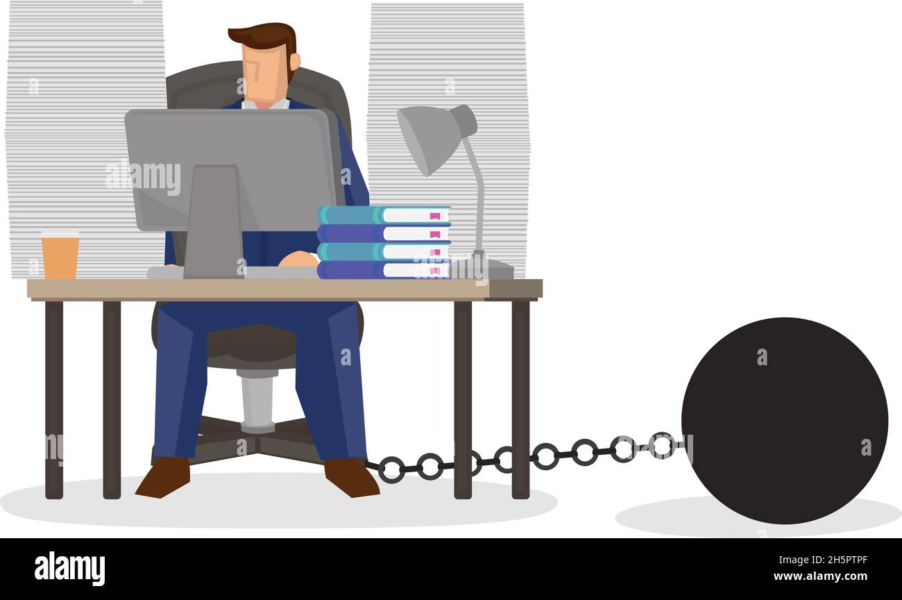 Homme d'affaires enchaîné dans son bureau de travail.Concept Business Slave.Illustration vectorielle Illustration de Vecteur