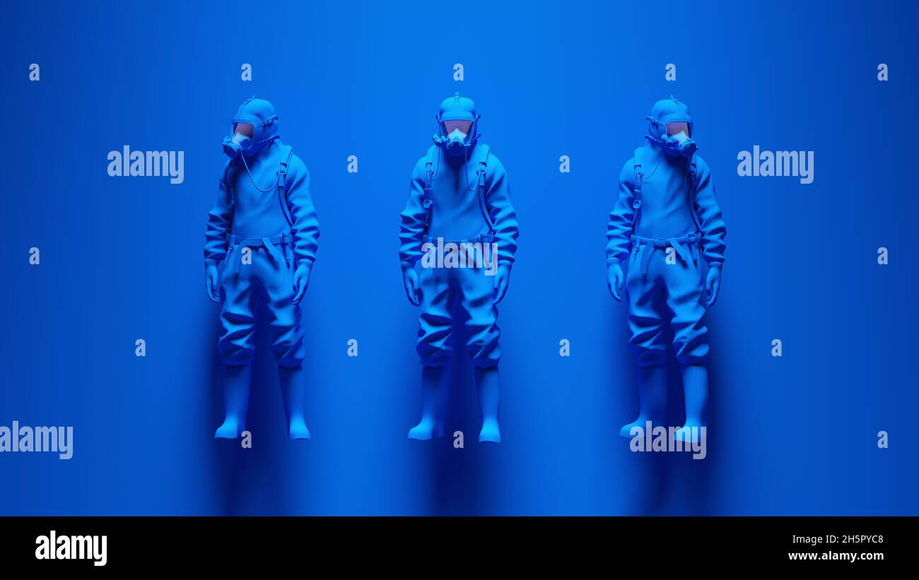 Blue 3 Hazmat suit Ravers avec arrière-plan bleu rendu d'illustration 3d Banque D'Images