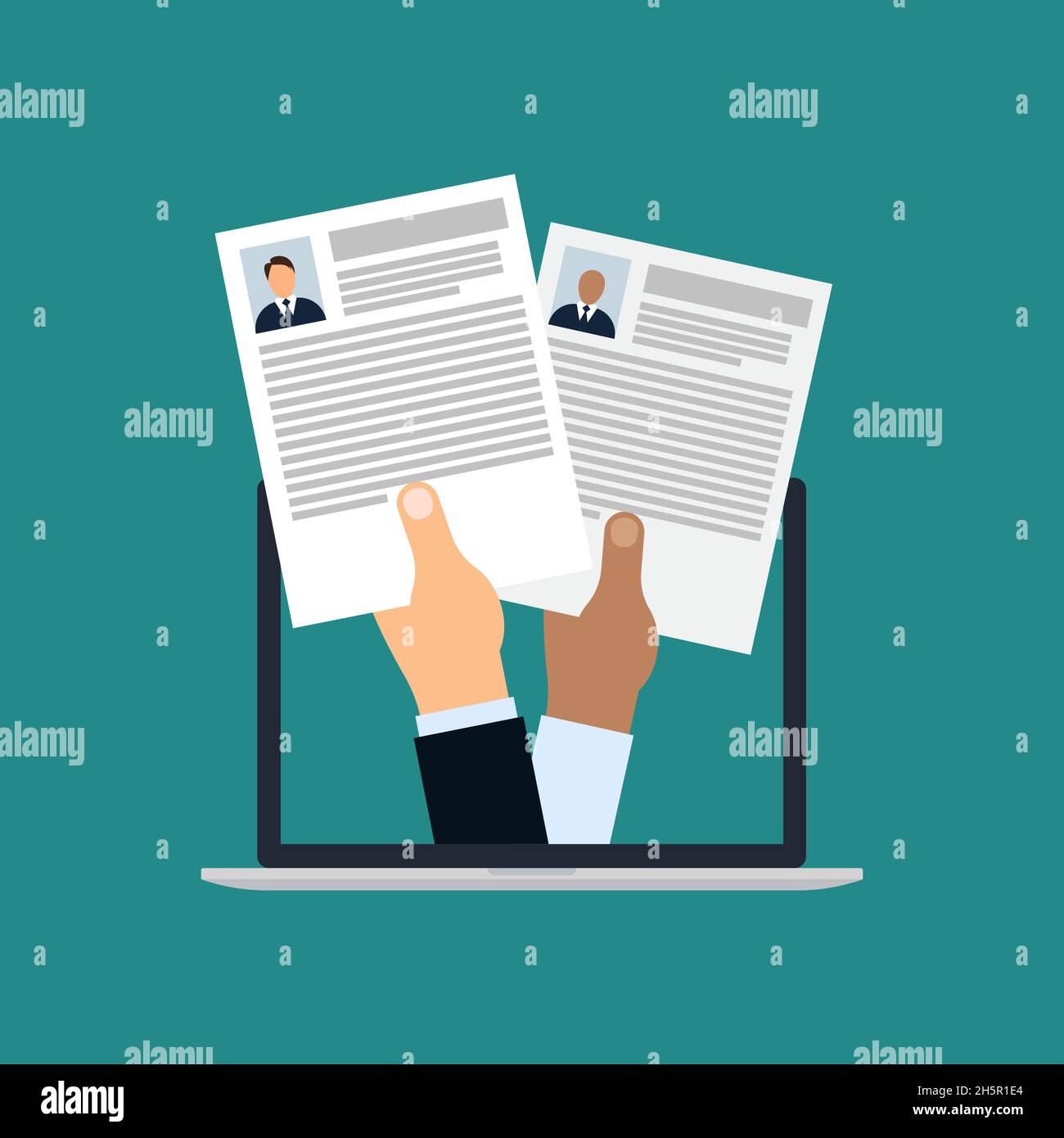 Recrutement d'emplois en ligne, concours de curriculum vitae des employés, illustration plate avec mains d'homme d'affaires tenant des documents Illustration de Vecteur