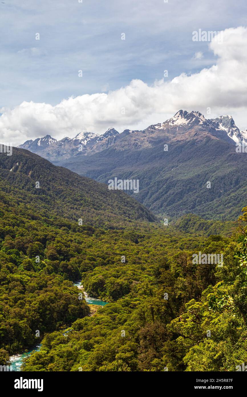 Paysages du parc national de Fiordland.Vue sur les montagnes enneigées et les collines boisées.Île du Sud, Nouvelle-Zélande Banque D'Images