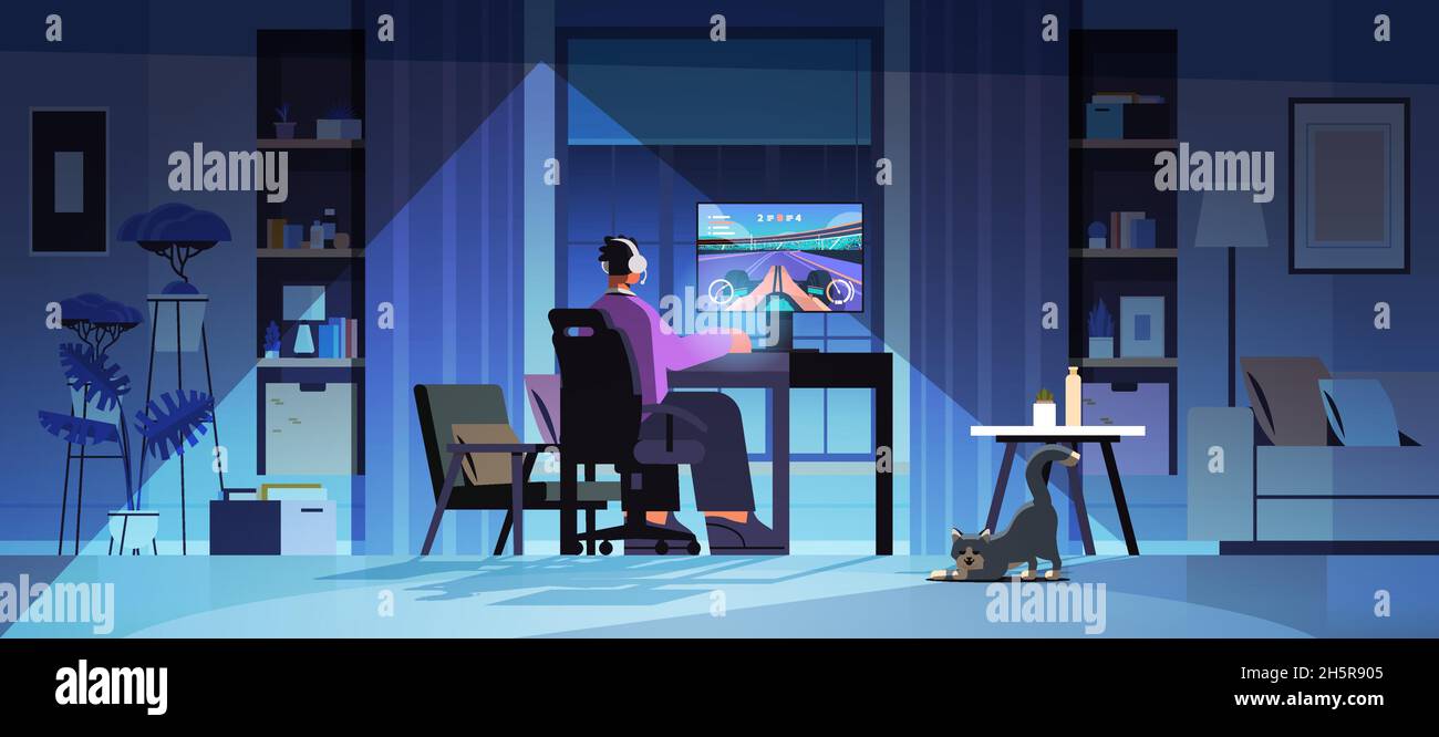 joueur virtuel jouant à un jeu vidéo en ligne sur un homme d'ordinateur dans un casque assis devant le moniteur Illustration de Vecteur