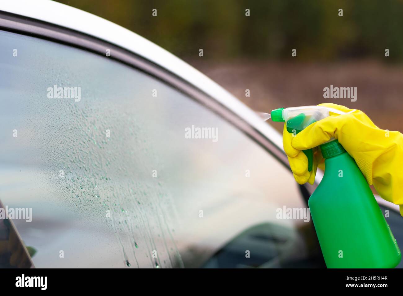 Une main dans un gant en caoutchouc jaune vaporise de l'eau d'une bouteille vaporisée sur une fenêtre de voiture par une chaude journée d'automne.Nettoyage à l'eau.Mise au point sélective.Gros plan Banque D'Images