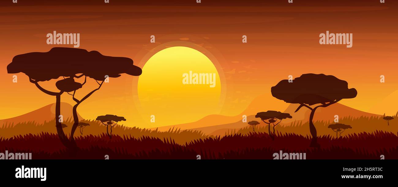 Paysage africain, coucher de soleil à Savannah dans le style de dessin animé.Soirée avec silhouette d'arbres de jungle et de montagnes à l'horizon.Illustration vectorielle Illustration de Vecteur