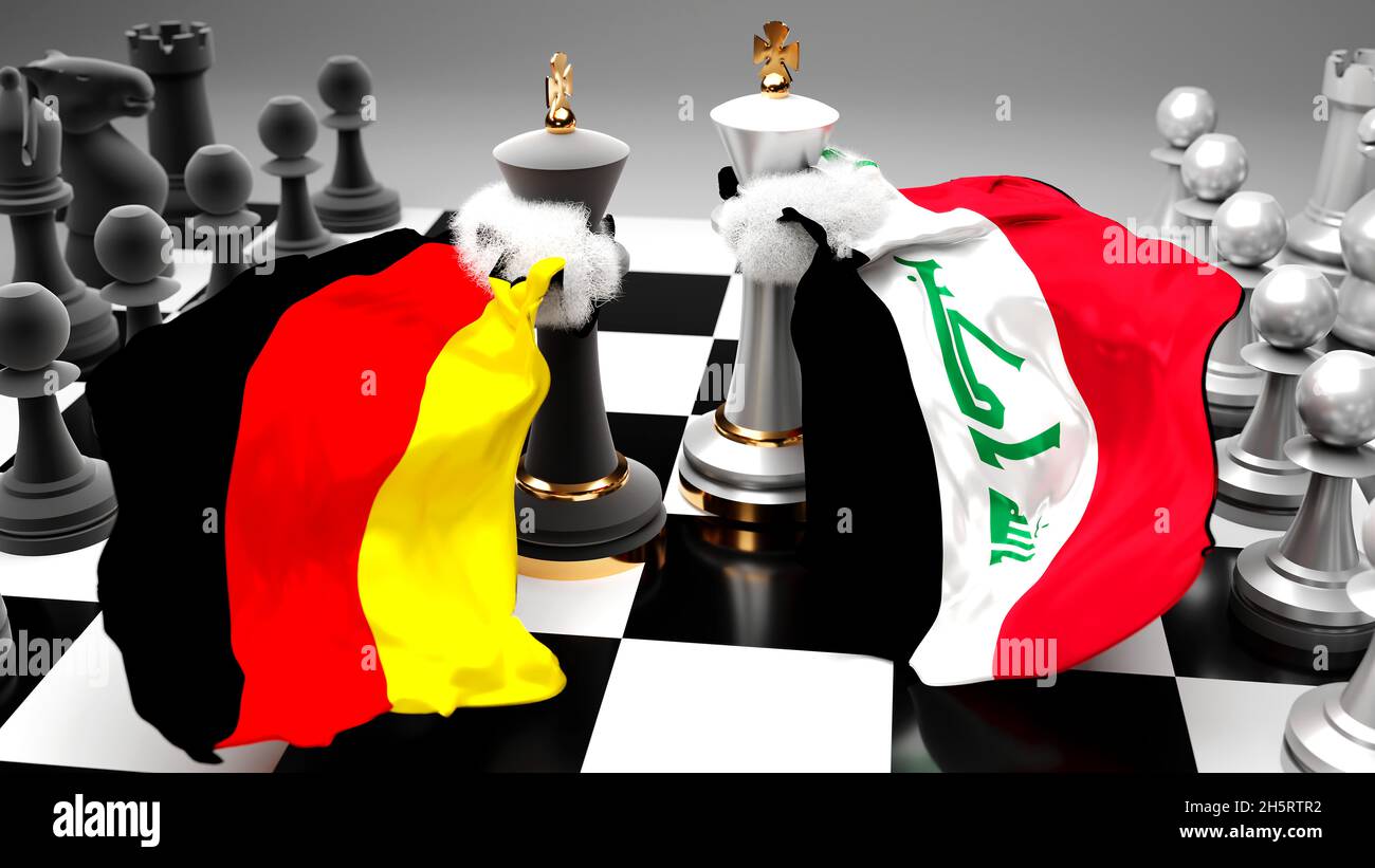 Allemagne crise, clash, conflit et débat en Irak entre les deux pays qui visent un accord commercial ou une domination symbolisée par un jeu d'échecs avec nat Banque D'Images