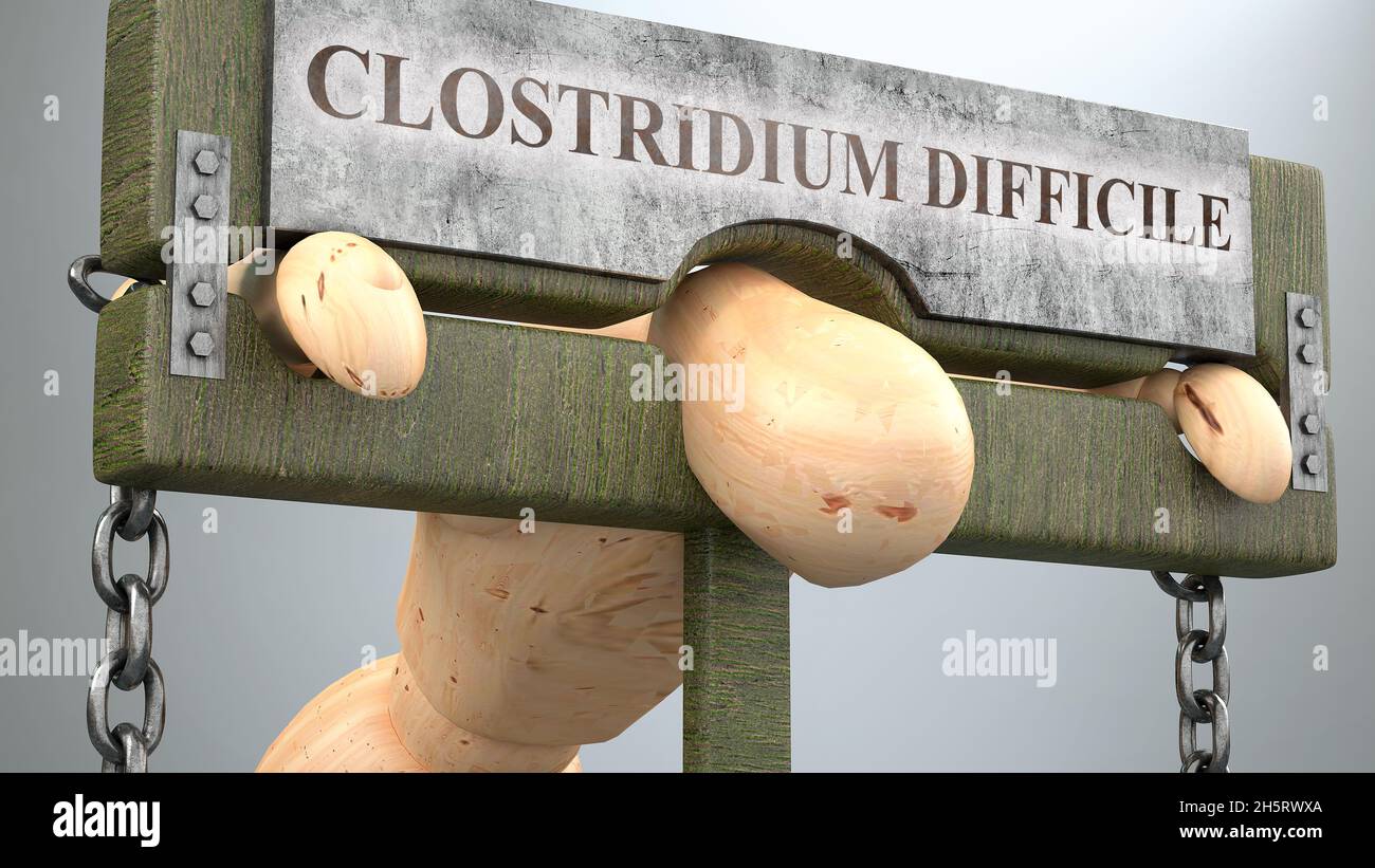 Impact de Clostridium difficile et influence sociale montré comme une figure dans le pilori pour démontrer l'effet de Clostridium difficile sur la santé et la charge de travail b Banque D'Images