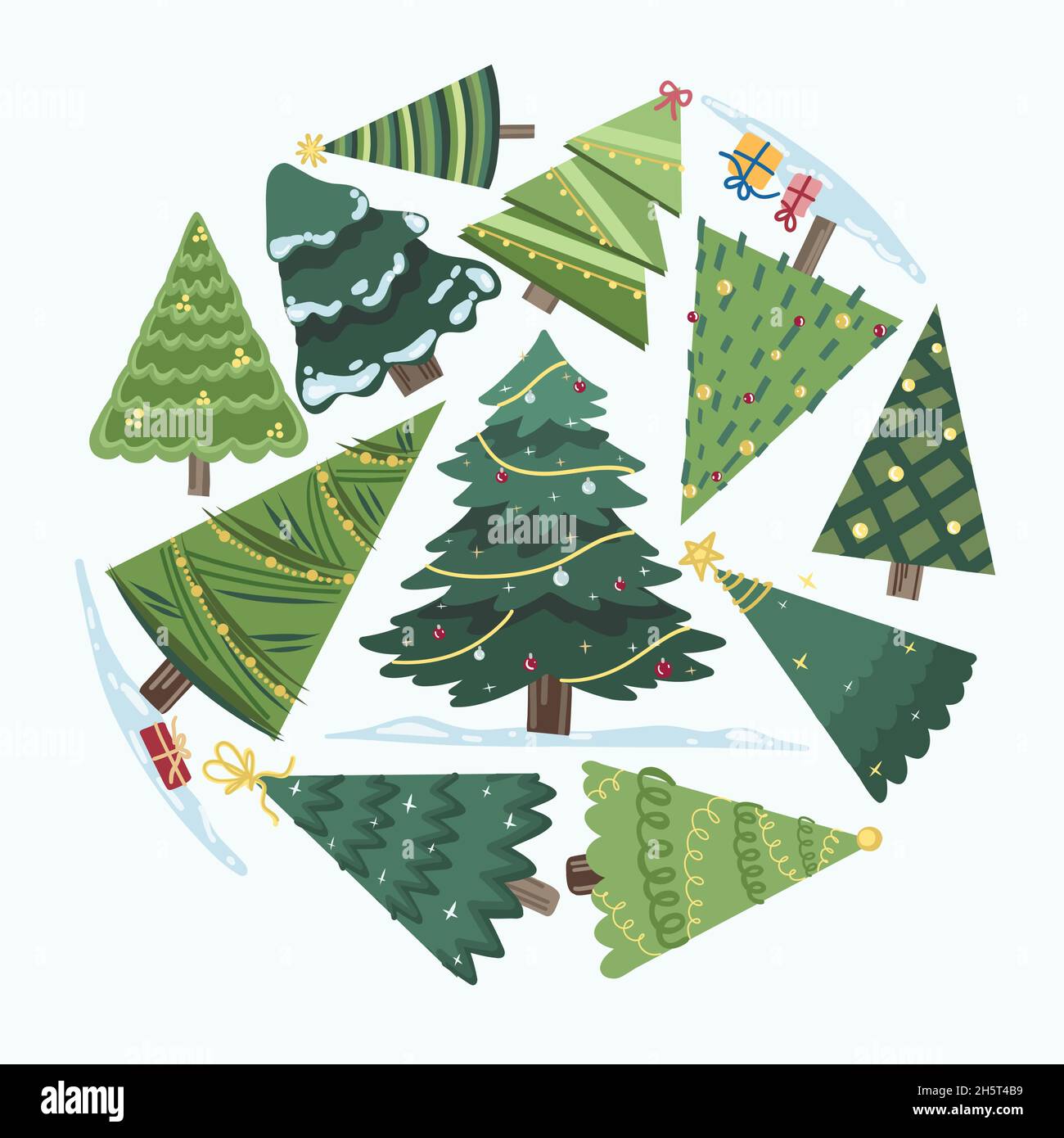 Ensemble de collages pour arbres de Noël vectoriels.Chute de neige en Noël et modèle graphique du nouvel an.Arbre Tannenbaum moderne décoré de lumières et de Illustration de Vecteur