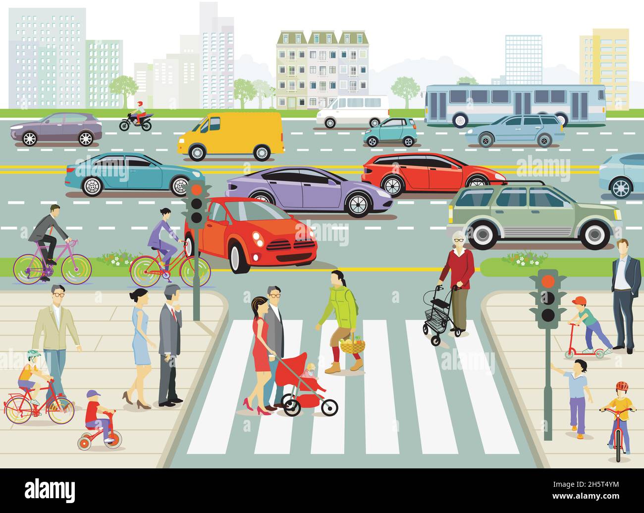 Ville avec piétons et circulation routière, illustration Illustration de Vecteur
