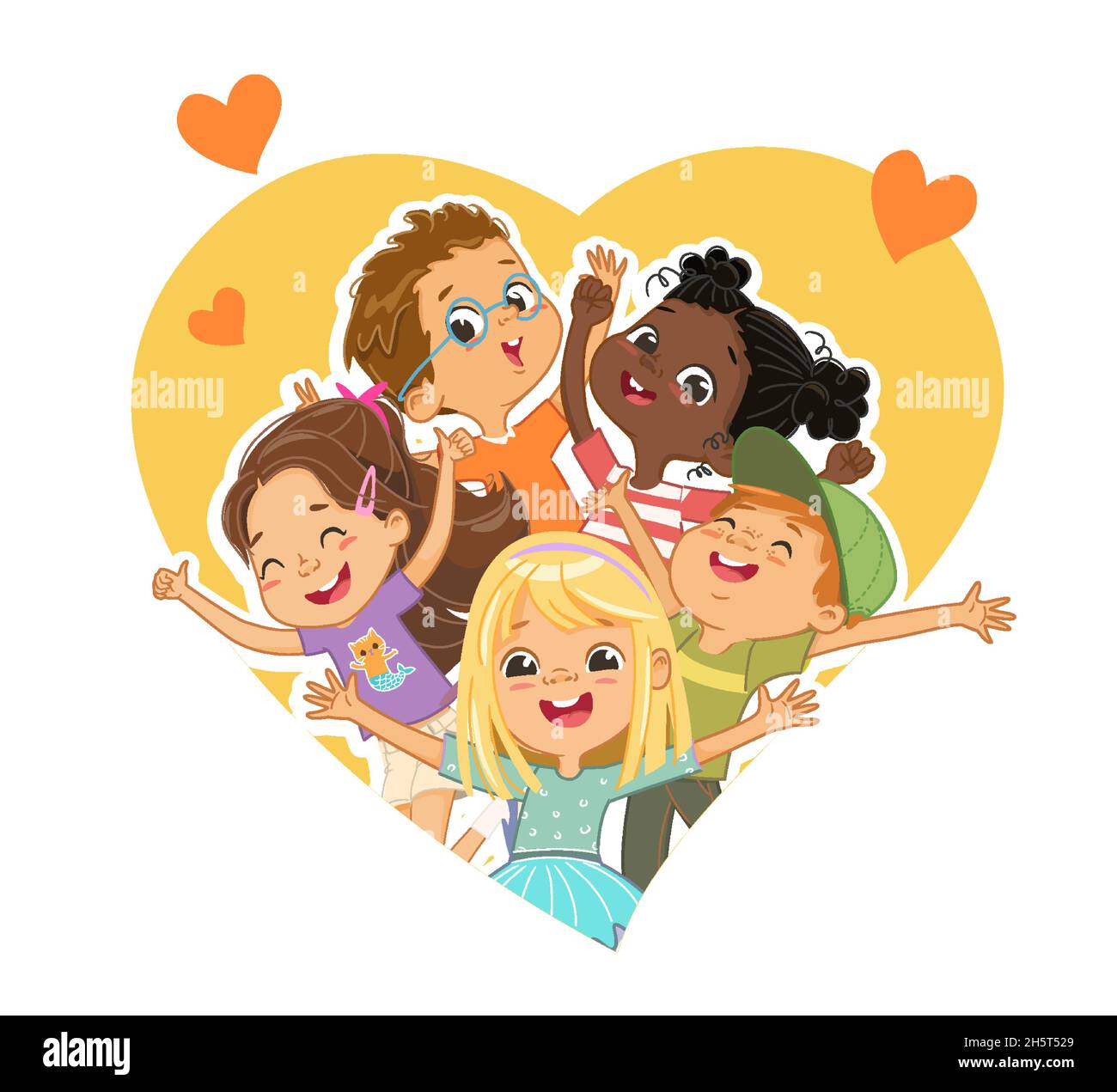 Groupe d'enfants multiculturels déchirent l'espace en forme de coeur.Les enfants regardent à travers un trou en forme de coeur et ondulent leurs mains Illustration de Vecteur