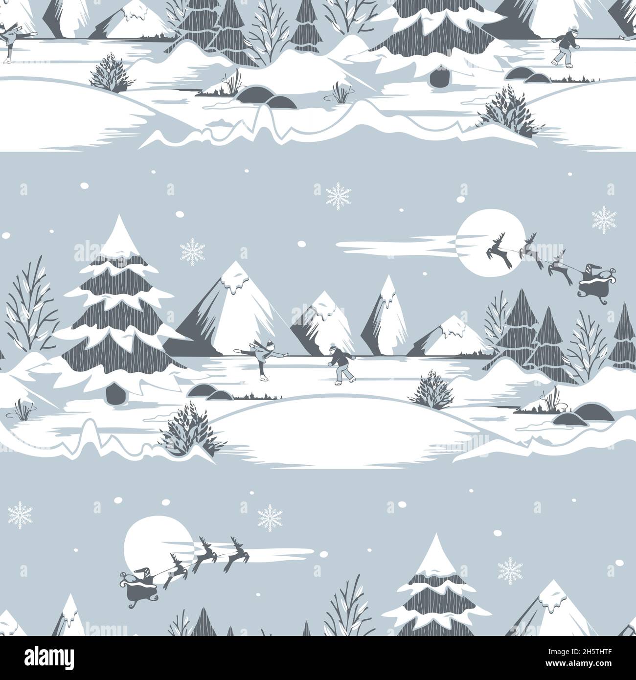 Motif vectoriel sans couture avec paysage de Noël sur fond gris.Papier peint amusant pour l'hiver.Décoration patinage sur glace silhouette textile de mode. Illustration de Vecteur