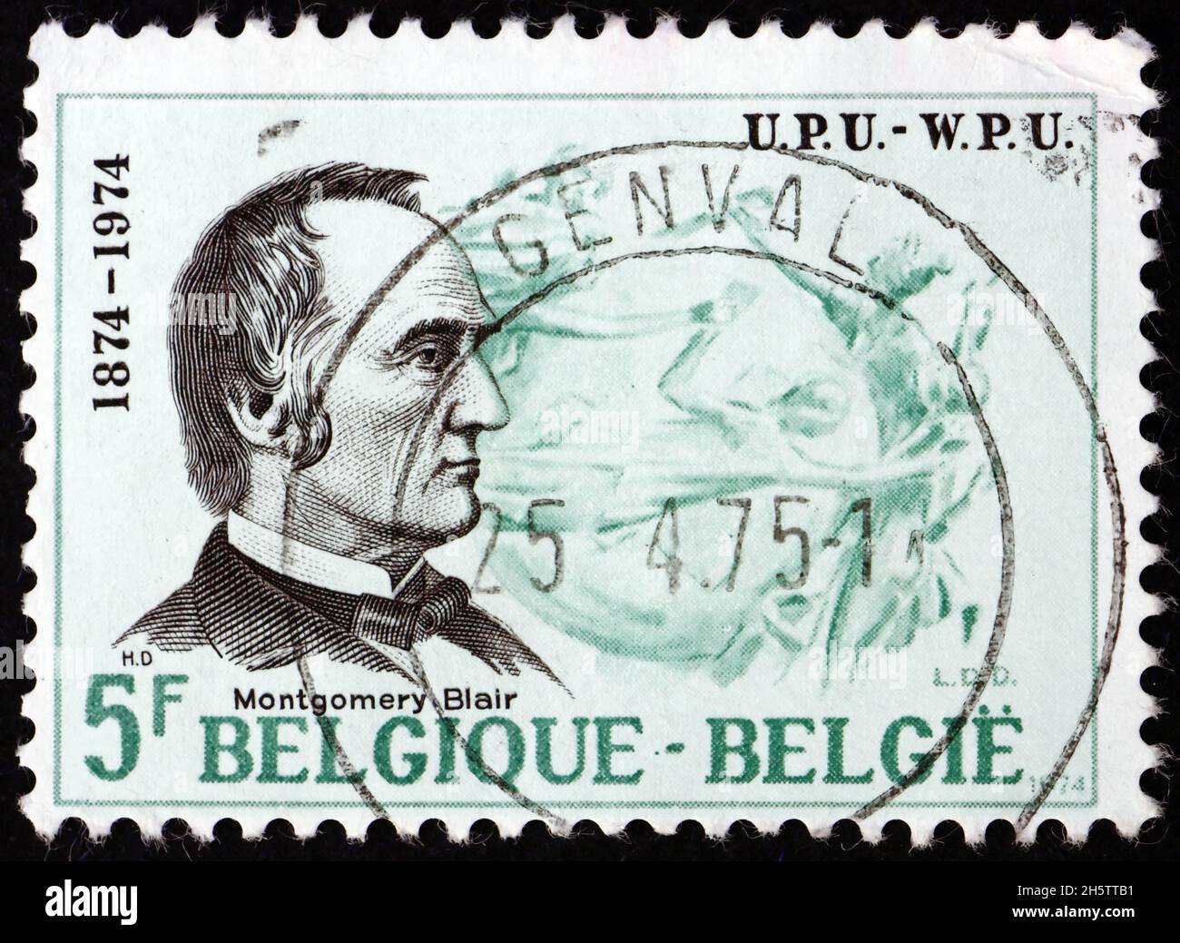 BELGIQUE - VERS 1974 : un timbre imprimé en Belgique montre Montgomery Blair, fondateur de l'UPU, vers 1974 Banque D'Images