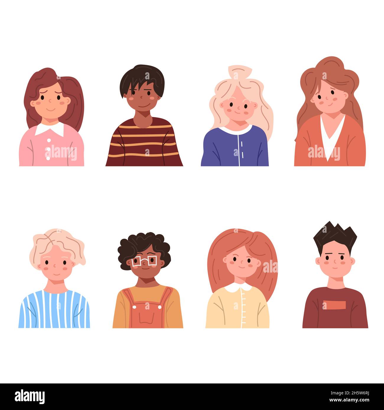 Ensemble d'avatars pour enfants.Les enfants souriants font face aux garçons et aux filles.Ensemble avatar enfant avec un portrait de tête de dessin animé de peau différente.Icône de personnage d'école.Plat v Illustration de Vecteur