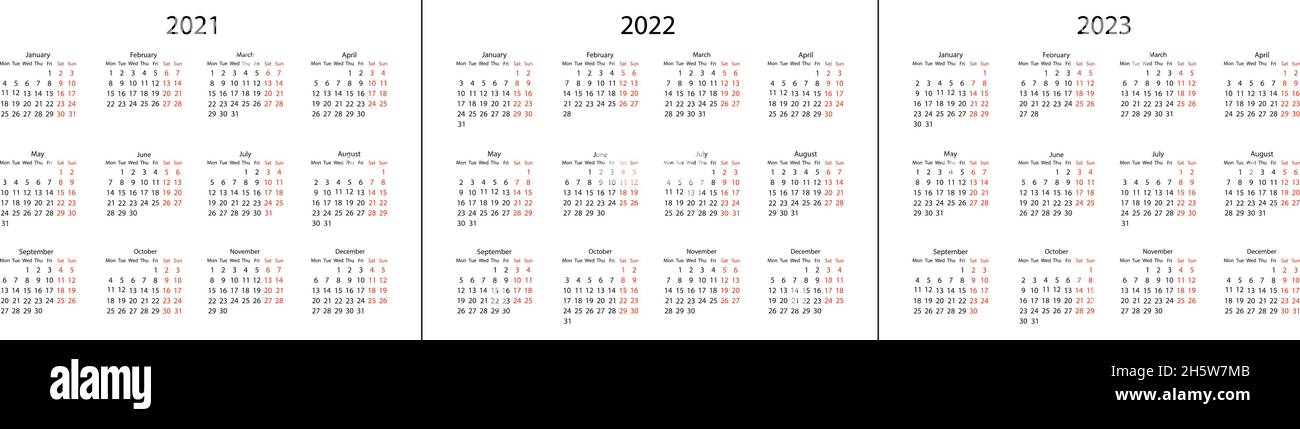 Calendrier pour 2021 2022 et 2023 ans.Mois et semaines, illustration du modèle vectoriel Illustration de Vecteur