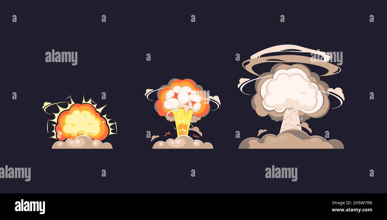 Explosion nucléaire explosion de bombe dans une collection plate, nucléaire explosion atomique explosion de champignons collection. Illustration de Vecteur