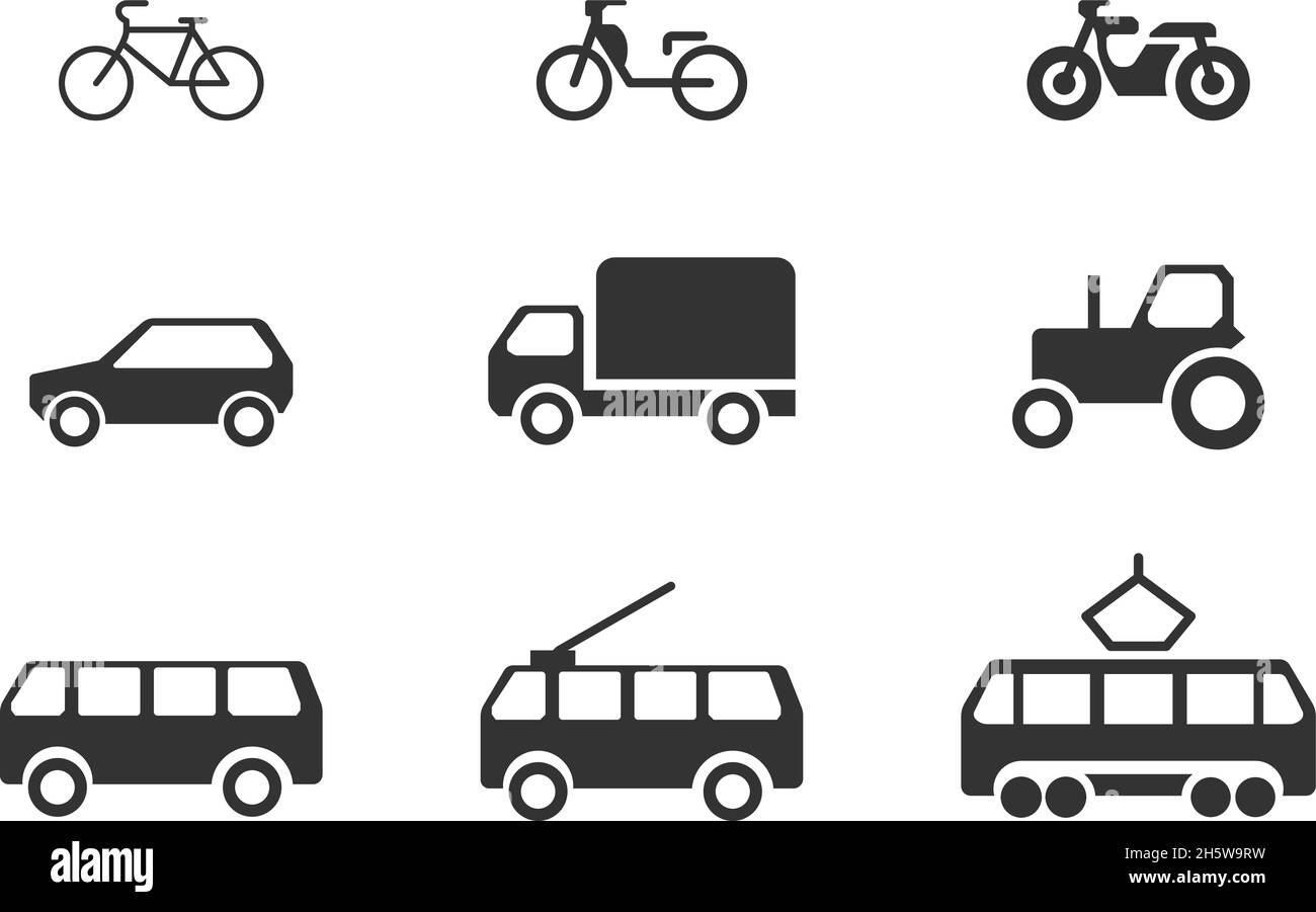 Icône noire de divers ensembles de transport.Car bus vélo et moto.Illustration vectorielle Illustration de Vecteur