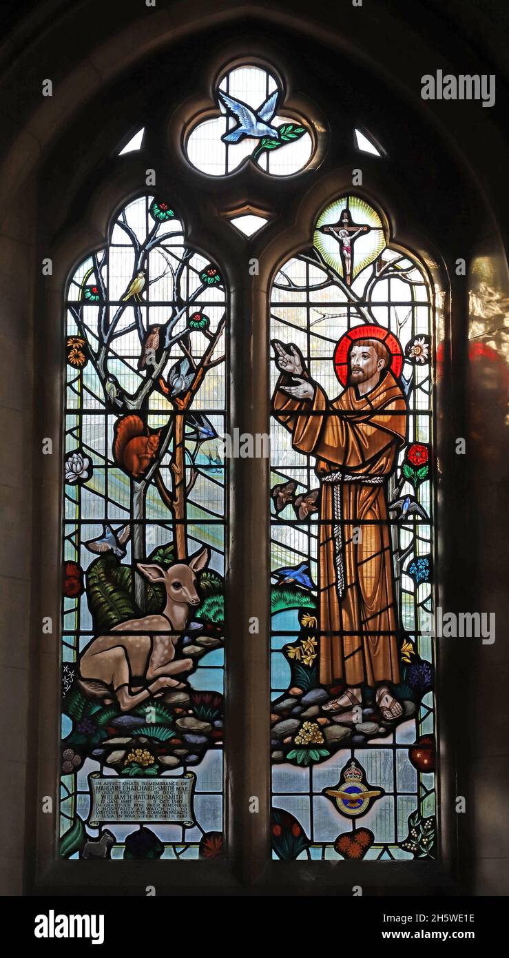 Vitraux de Wippell & Co (artiste Francis Stephens) représentant Saint François d'Assise, l'église Saint-Pierre, Budleigh Salterton, Devon Banque D'Images