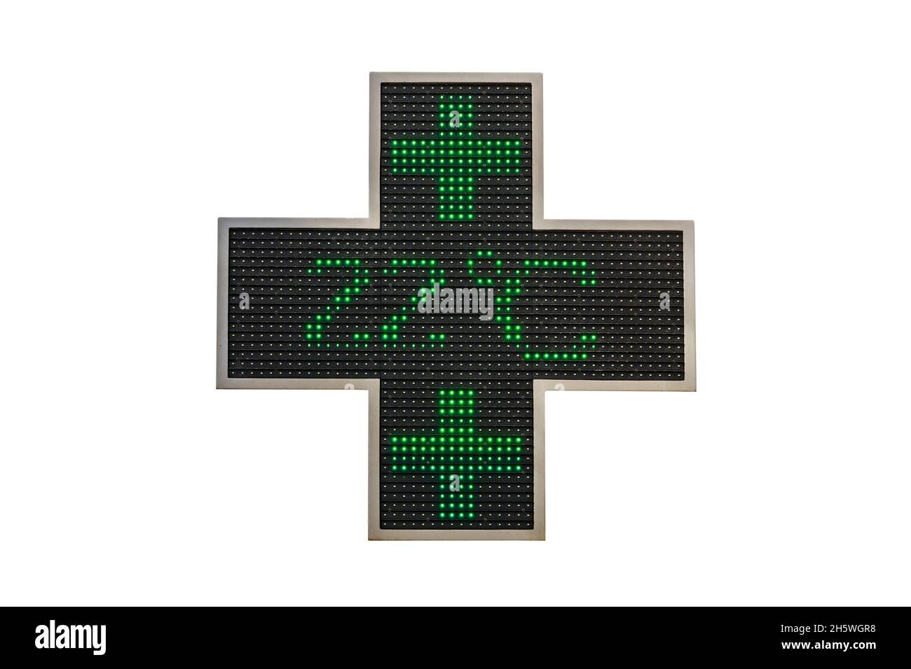 Croix verte électronique de la pharmacie avec l'indication de température en degrés celsius isolée sur fond blanc Banque D'Images