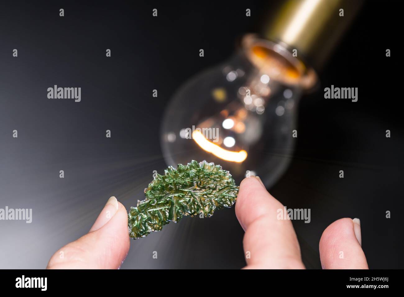 Main de collecteur tenant la pierre gemme moldavite verte en contre-jour.Arrière-plan noir.Minéral de silice vitreuse rare d'origine cosmique dans les rayons blancs lumineux. Banque D'Images