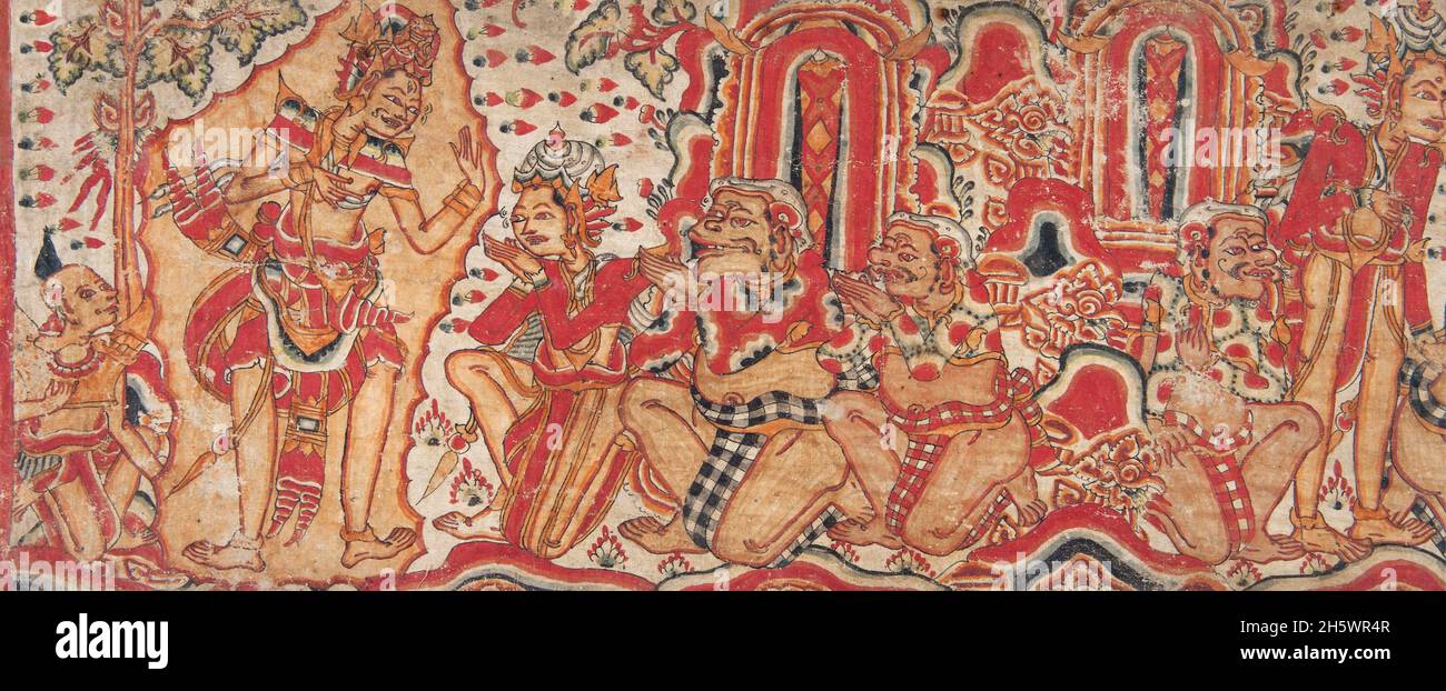 Tissu avec représentation peinte du Ramayana.De Bali, Indonésie Banque D'Images