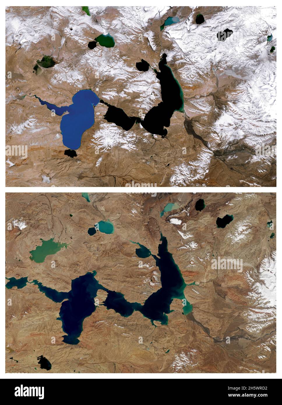 Changement climatique : glaciers en diminution et lacs en croissance.Ces images de lacs à l'ouest des montagnes de Tanggula, une petite aire de répartition dans la partie centrale du plateau tibétain, offrent une vue des changements causés, en partie, par la reprise des glaciers.La première image a été acquise en octobre 1987; la deuxième image montre la même zone en octobre 2021.Les deux plus grands lacs - Chibzhang Co et Dorsoidong Co, ont augmenté à mesure que les glaciers de montagne ont rétréci.Le bord avant des glaciers a sensiblement reculé.Un composite haute résolution et amélioré d'images Landsat5 et Landsat8 originales.Crédit NASA Banque D'Images