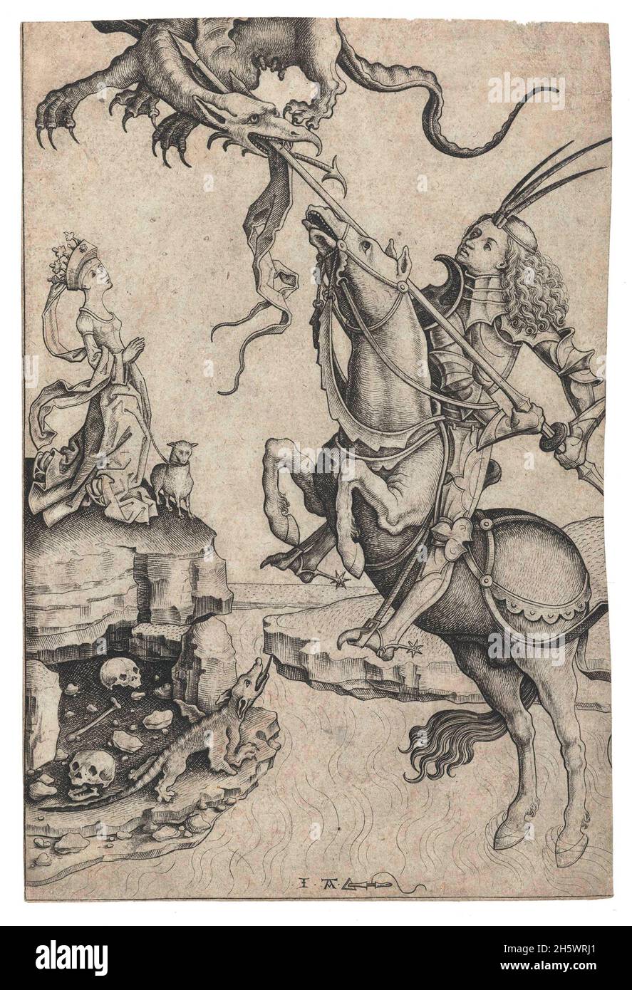 Saint George claquant le dragon le moment central de la légende de Saint George est quand il claque le dragon avec une lance.La princesse, sauvée par l'intervention du chevalier, peut être vue en arrière-plan.1470 - 1480.Version numérique optimisée et améliorée d'une impression d'historique. Banque D'Images
