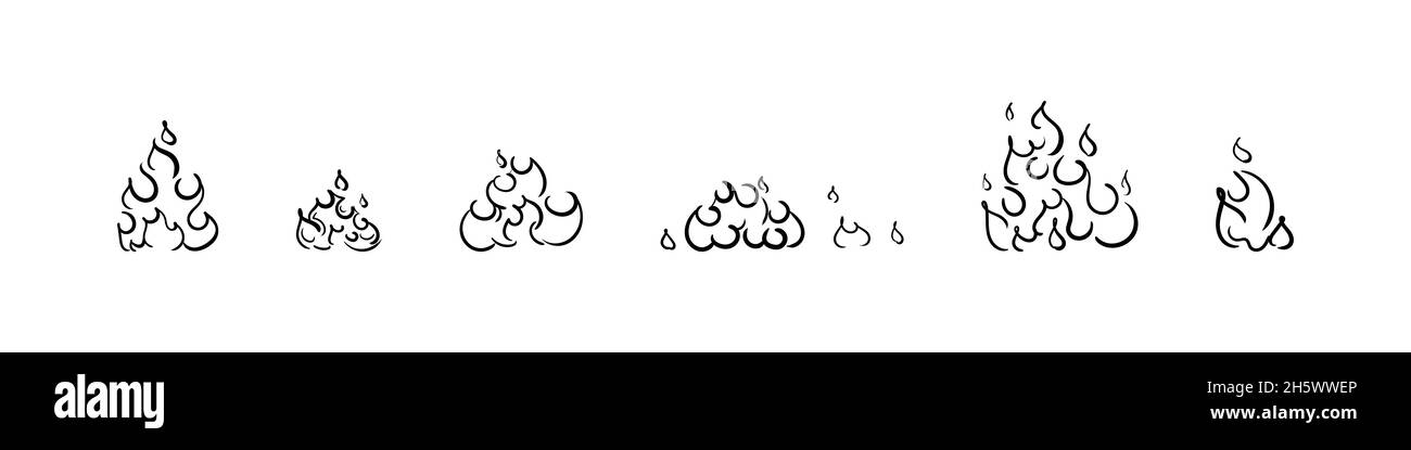 Collection de caniche à feu, emblème de flamme en forme de gribouillage dessiné à la main, ensemble d'icônes de feu de joie flamboyante. Illustration de Vecteur