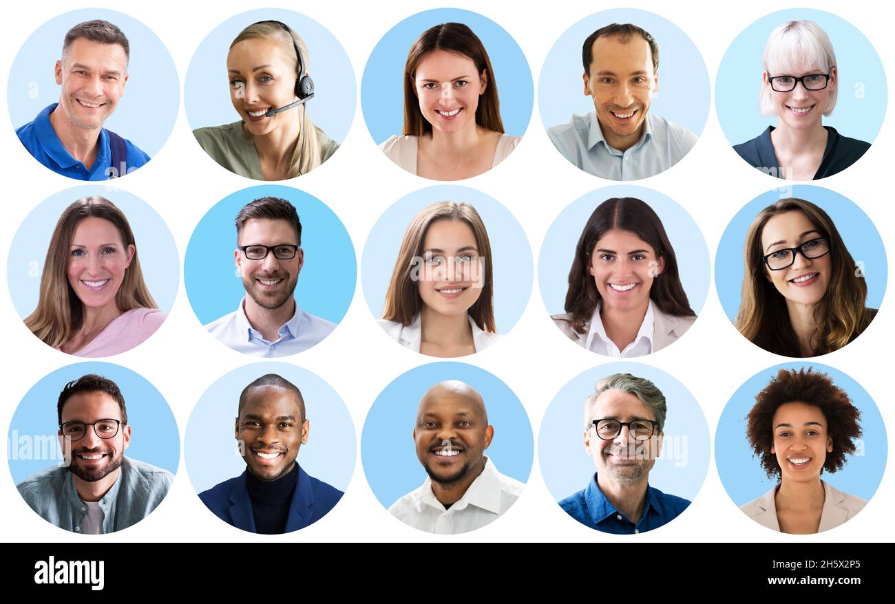 Personnes tête de vue Collage visage.Divers avatars sur fond bleu Banque D'Images