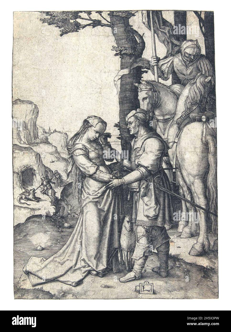 Saint George et la princesse.Épisode moins connu de l'histoire de Saint George.Ici, la princesse raconte ses circonstances tristes: Le dragon a mangé presque tous les moutons; le roi envoie le dragon un enfant et un mouton tous les jours.Version numérique optimisée et améliorée d'une impression d'historique. Banque D'Images