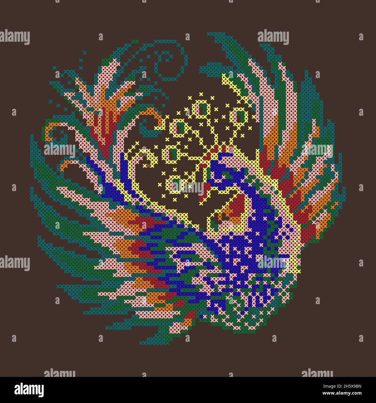 Paon brodé, motif point de croix de magnifique oiseau, illustration vectorielle Illustration de Vecteur