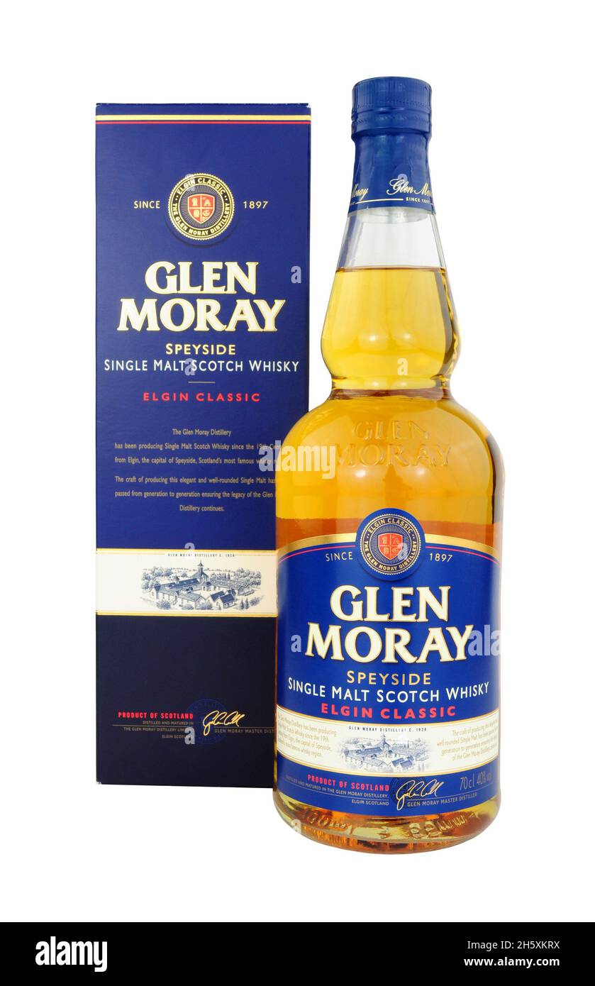 Glen Moray single malt whisky classique 70cl bouteille et carton extérieur isolé sur fond blanc Banque D'Images