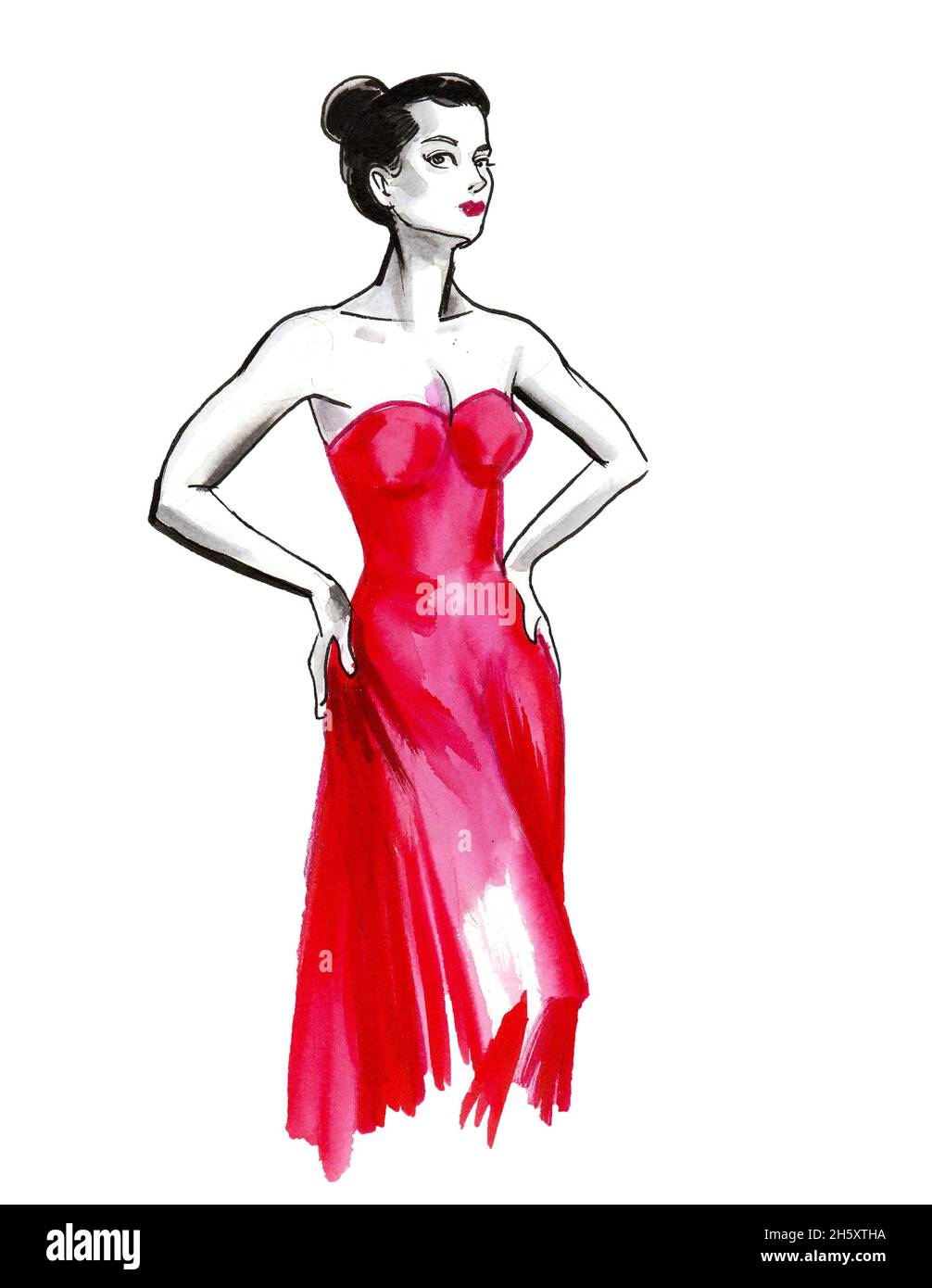 Belle dame en robe rouge.Dessin à l'encre et aquarelle Photo Stock - Alamy