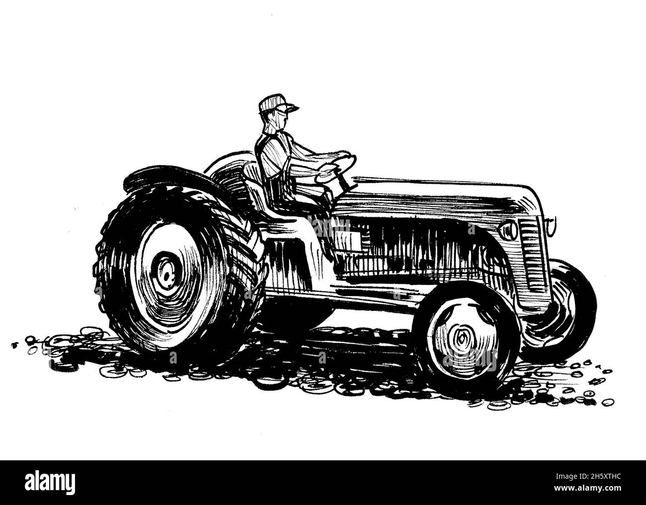 Agriculteur conduisant un tracteur rétro. Dessin noir et blanc Banque D'Images