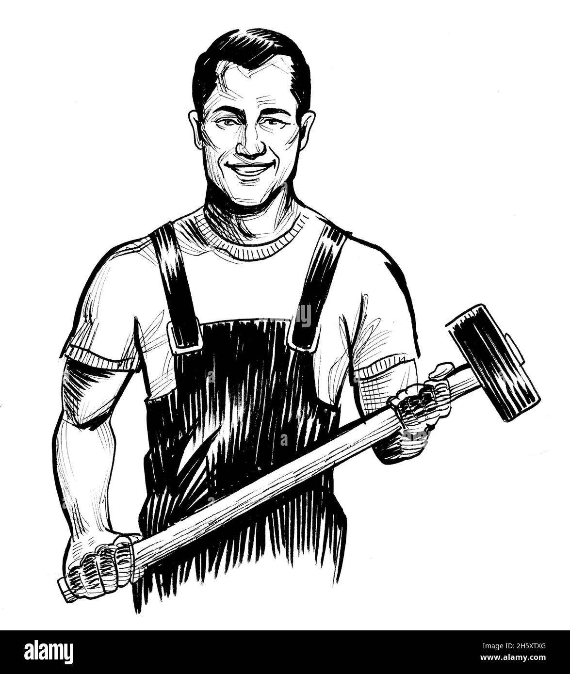 Joyeux ouvrier souriant avec un marteau. Encre noir et blanc dessin Banque D'Images