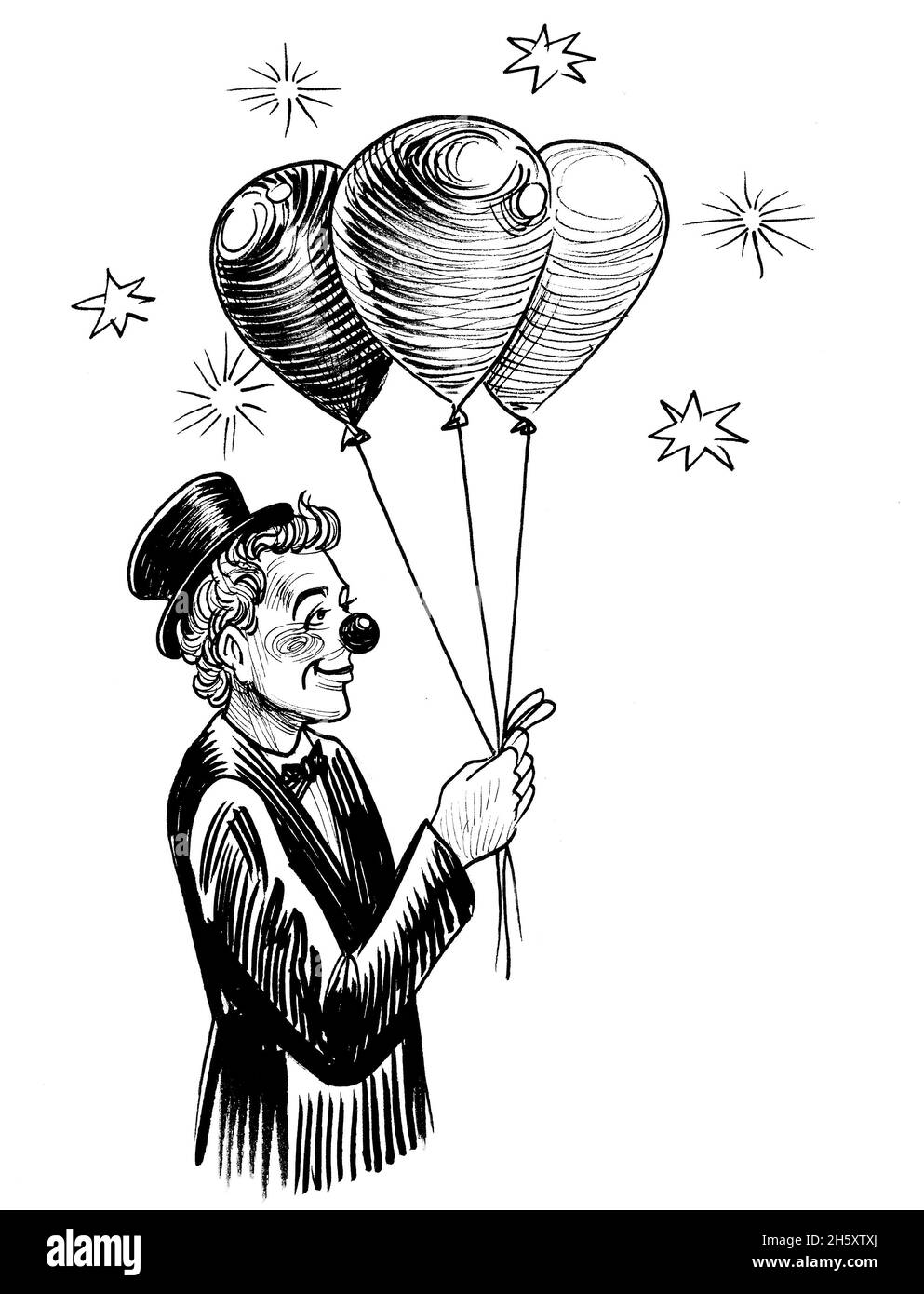 Clown de cirque avec ballon d'air. Encre noir et blanc dessin Banque D'Images