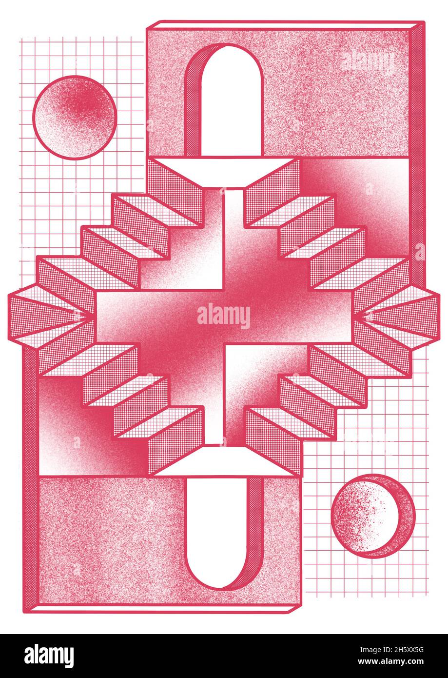 Illustration verticale rouge blanc de l'illusion optique escalier de Penrose Banque D'Images