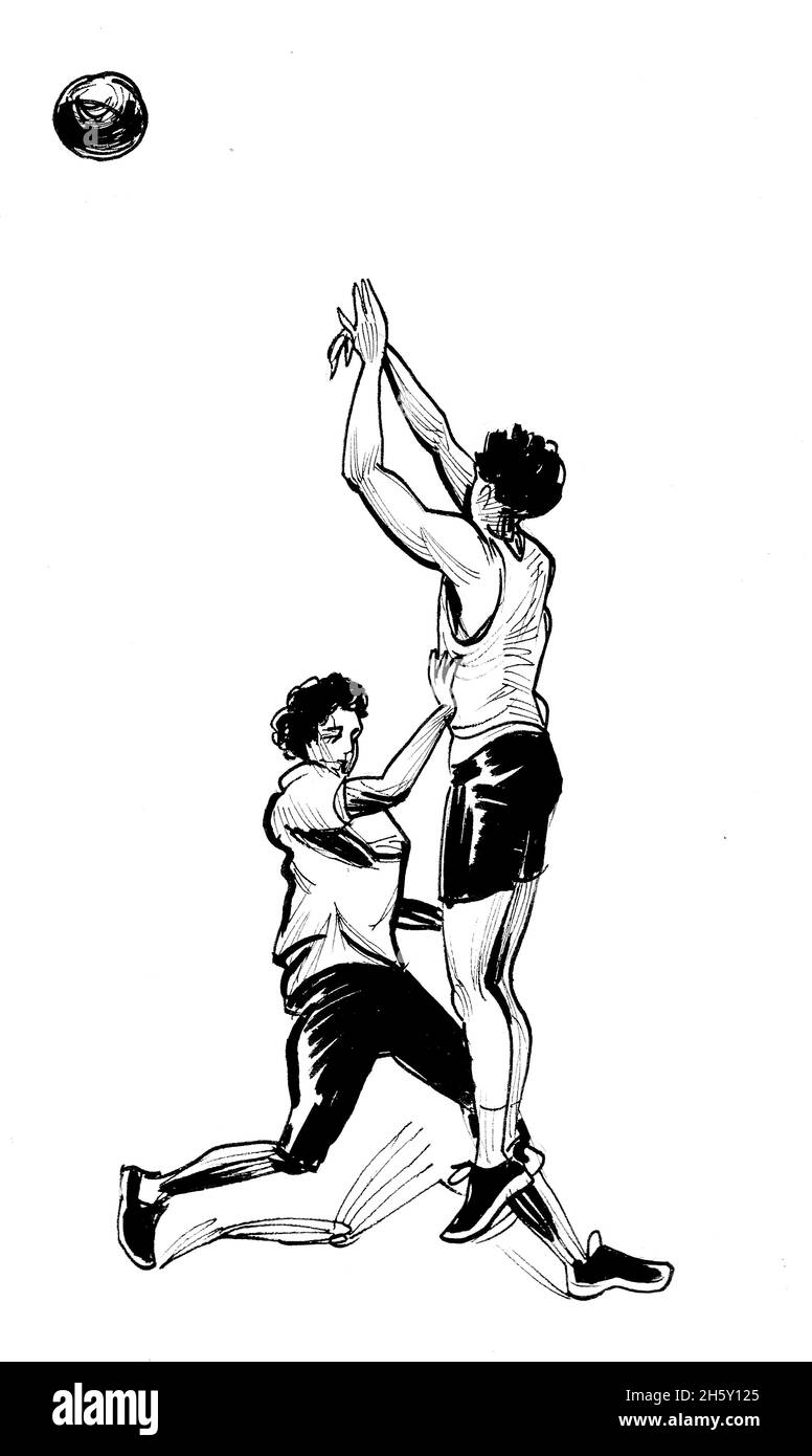 Deux jeunes hommes jouant au basket-ball.Dessin noir et blanc Banque D'Images