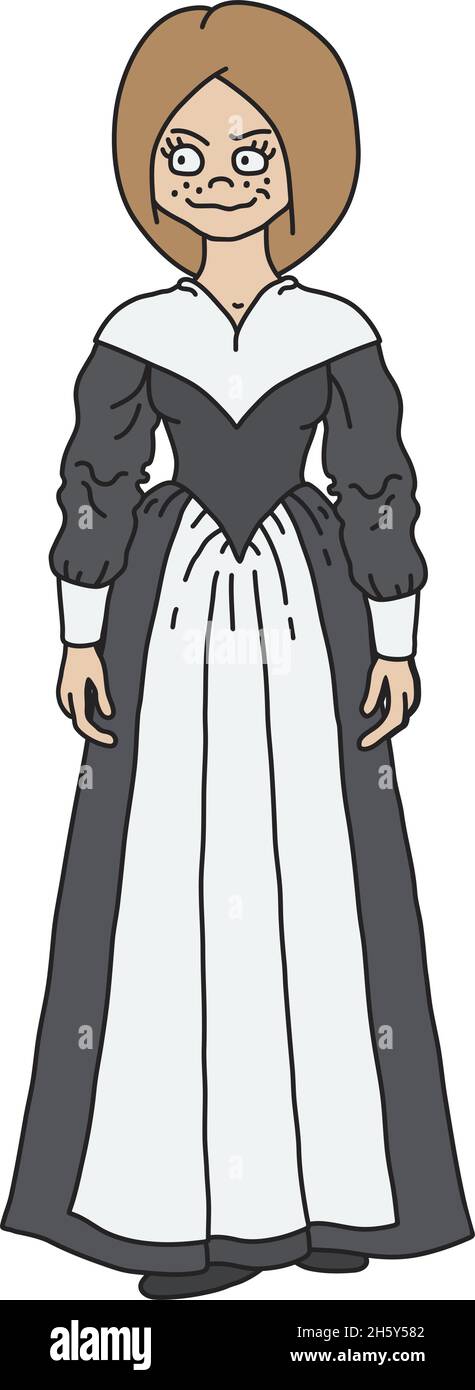 La femme baroque à tête rouge dans une simple robe noire et blanche Illustration de Vecteur