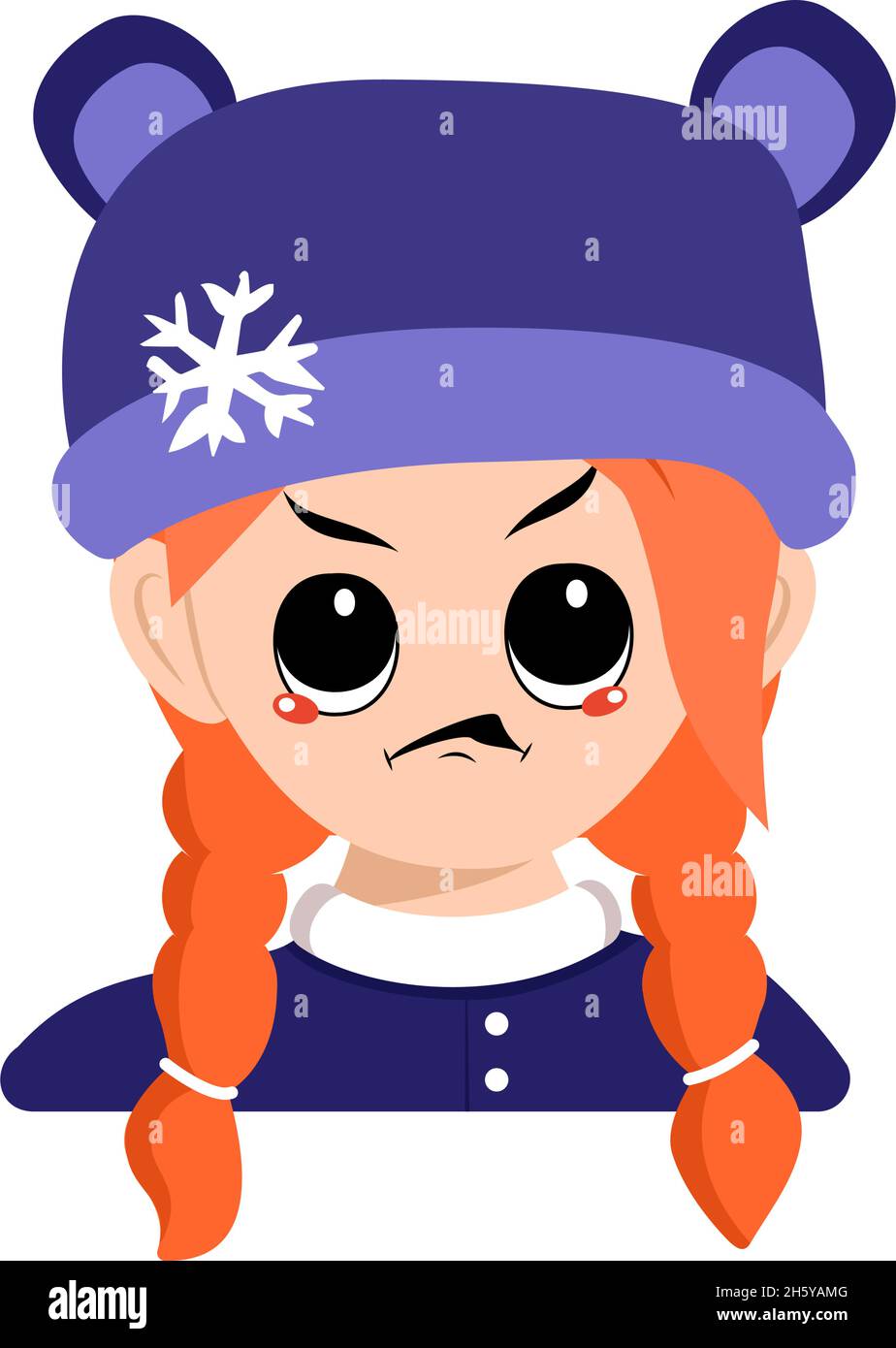 Fille avec de grands yeux et des émotions de colère, visage grincheux, yeux furieux dans chapeau d'ours avec flocon de neige.Enfant mignon avec expression furieuse dans la bruyère d'hiver.Tête d'adorable enfant Illustration de Vecteur