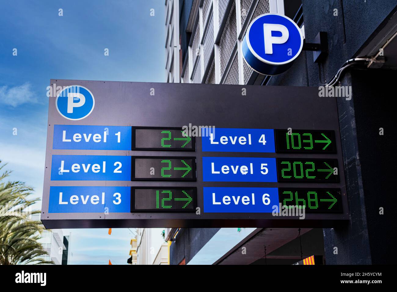 Places disponibles, panneau de stationnement extérieur avec comptoir indiquant le nombre de places de stationnement ouvertes ou vides au niveau du garage du stationnement à plusieurs niveaux e Banque D'Images