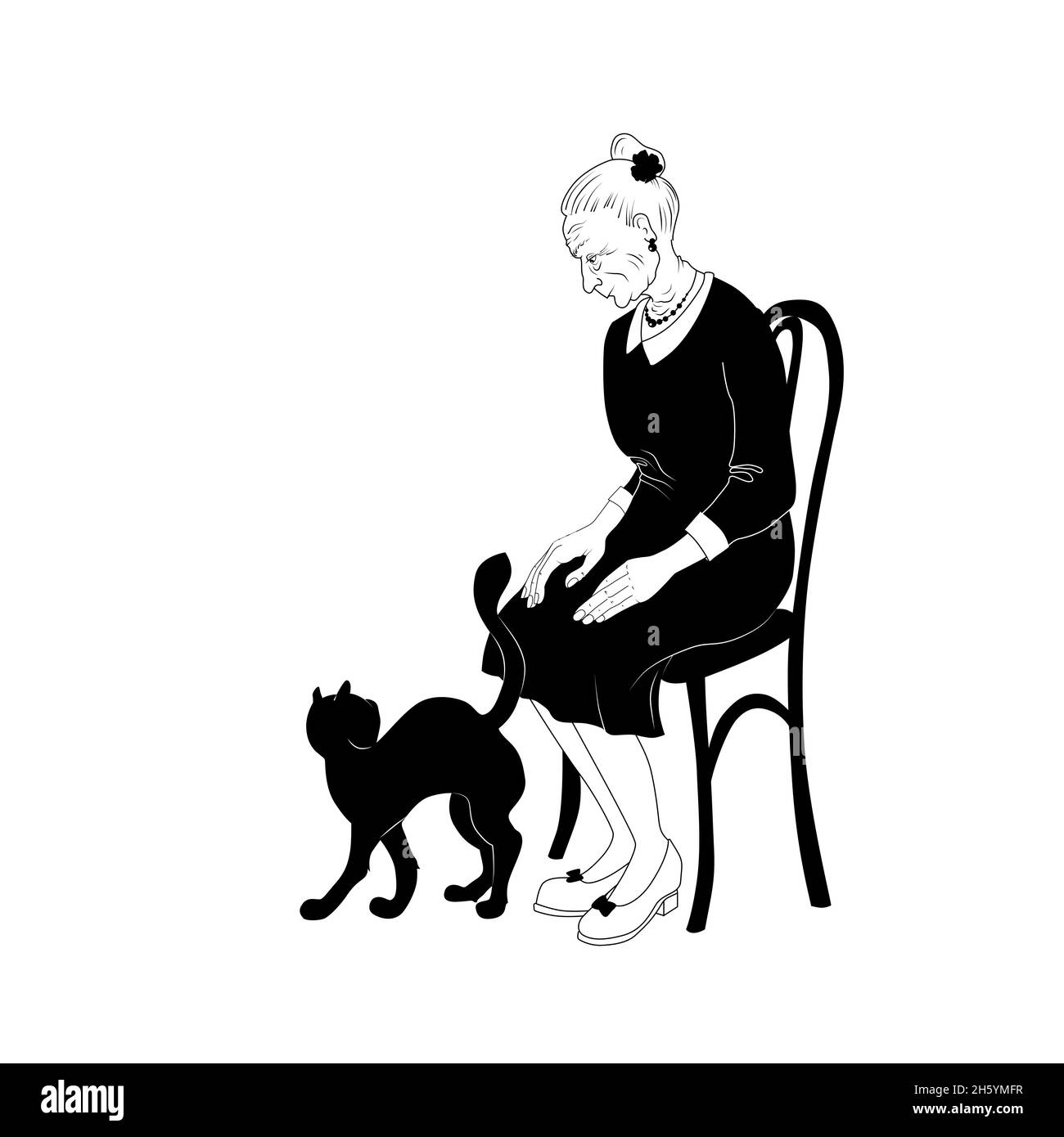 Vieille femme élégante avec un chat.Art de ligne concept de la solitude dans le vieux style de vie avec votre animal aimé Illustration de Vecteur
