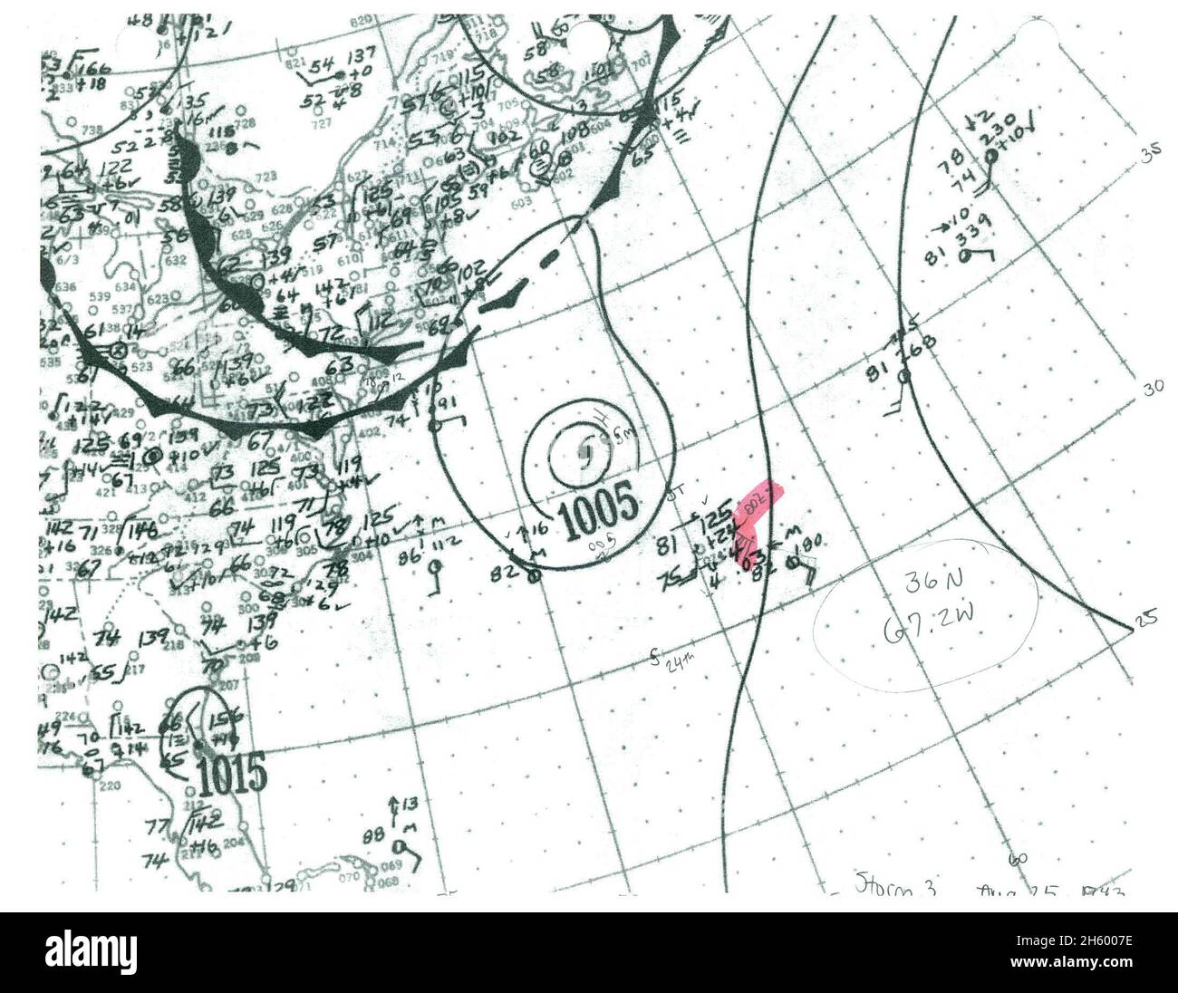 Une carte d'analyse météorologique de surface pour l'ouragan trois de la saison des ouragans de l'Atlantique 1943. Banque D'Images Une carte d'analyse météorologique de surface pour l'ouragan trois de la saison des ouragans de l'Atlantique 1943. Banque D'Images