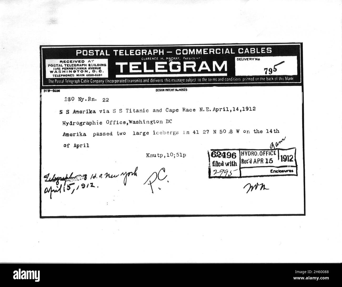 Télégramme de SS Amerika via SS Titanic sur l'emplacement de deux grands icebergs 14 avril 1912 ca.22 mars 2009 Banque D'Images