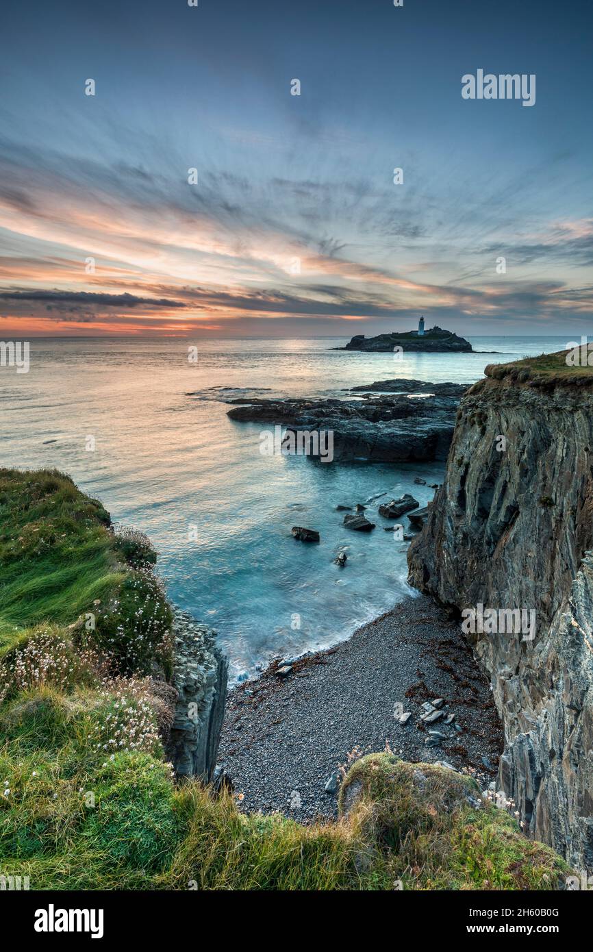 Godrevy ; coucher du soleil ; Cornwall, UK Banque D'Images