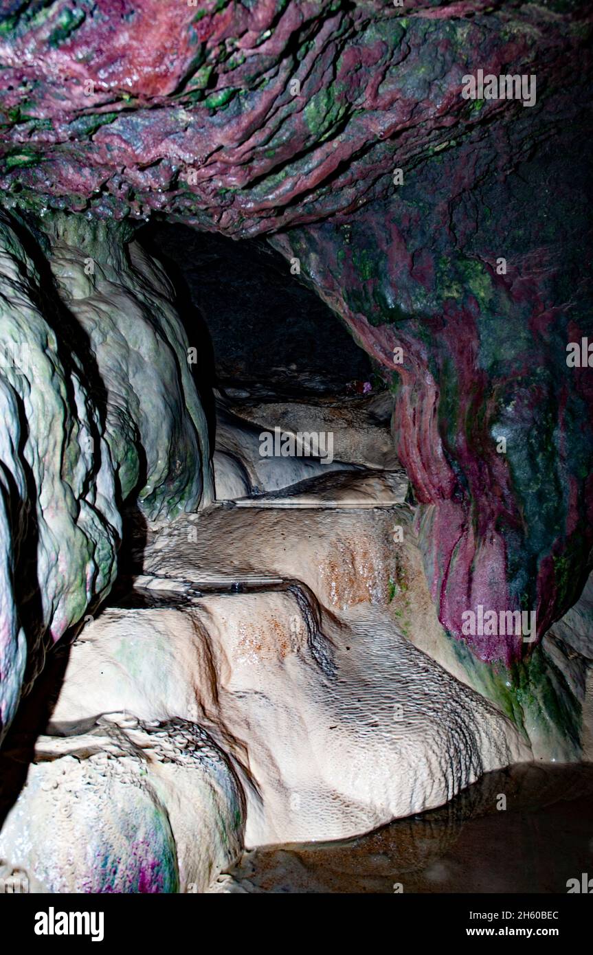 Les couleurs étonnantes du holywell à l'intérieur d'une grotte de la mer à la baie de holywell, dans les cornouailles, en angleterre, l'eau qui coule des rochers au-dessus a causé l'arc-en-ciel Banque D'Images