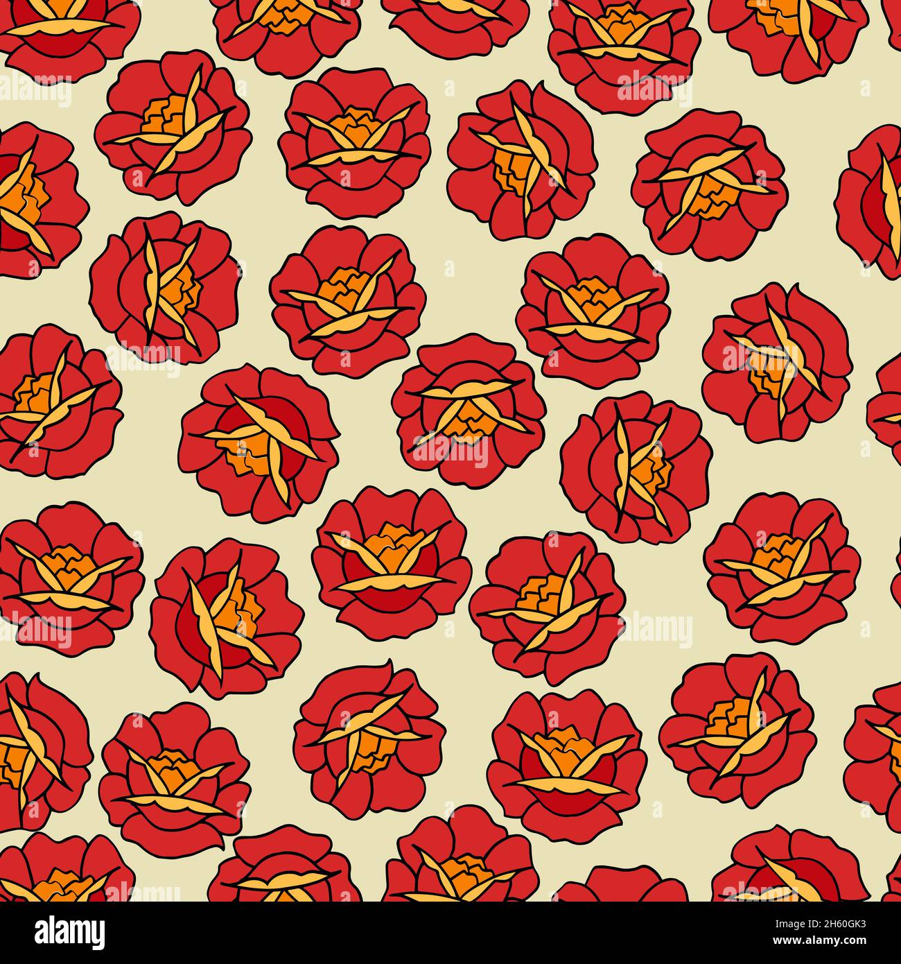 Motif vectoriel sans couture avec fleurs de style tatouage dans les tons de rouge, orange et jaune.Arrière-plan avec fleurs tattoo Illustration de Vecteur